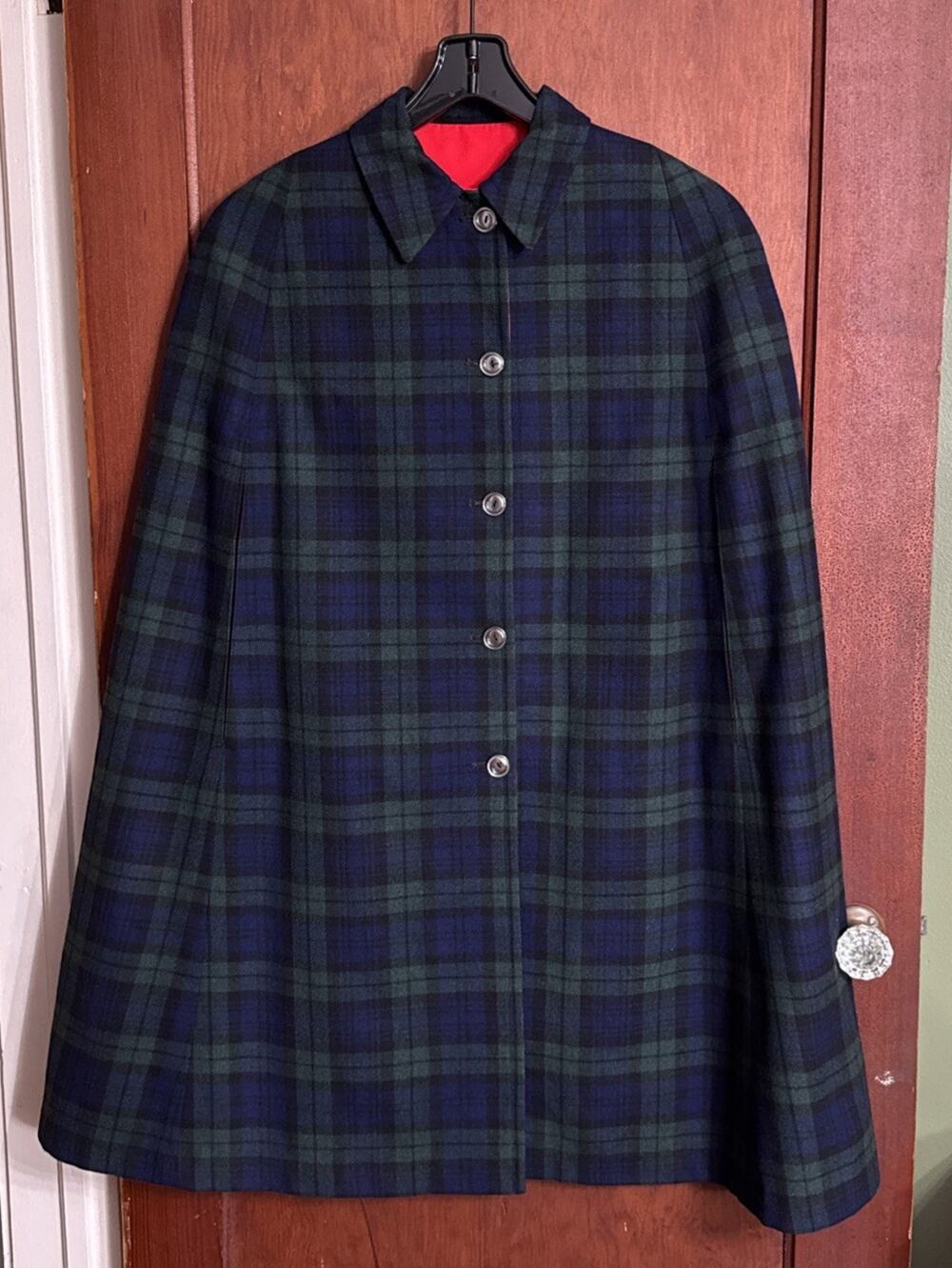 Vintage Mosbrook Black Watch Tartan Pure Wool Reversible Cape Coat M/L